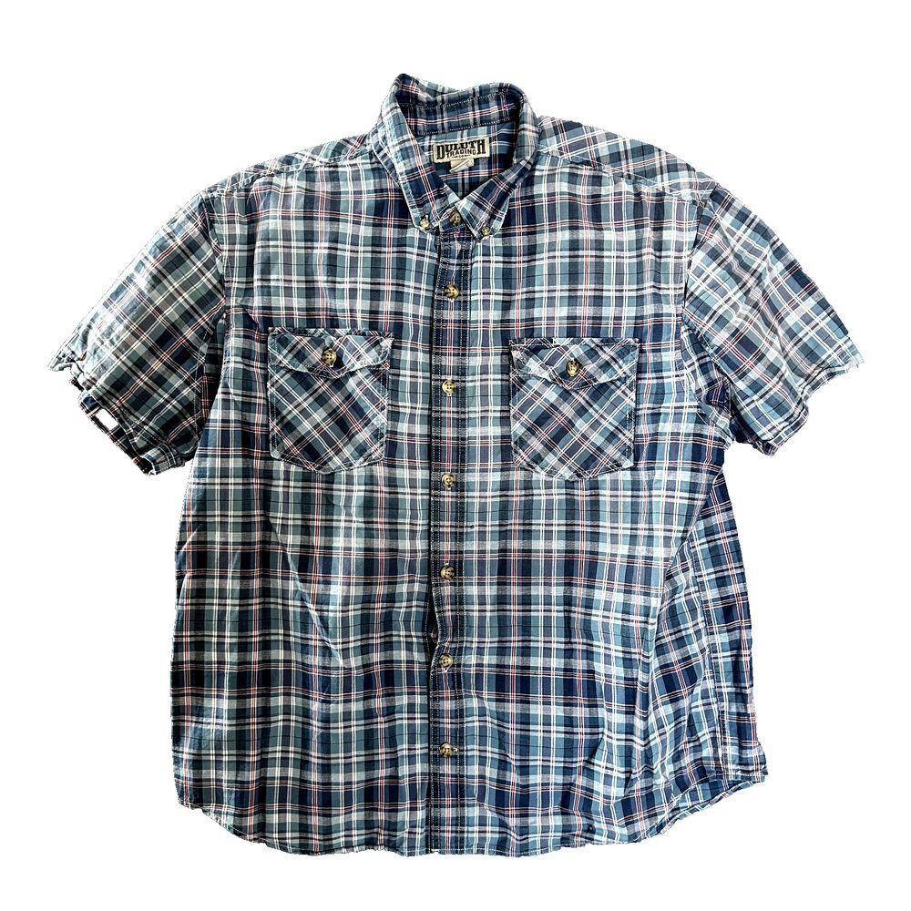 Duluth Trading Shirt Mens XL Short Sleeve‎ Blue Plaid Chest Pockets